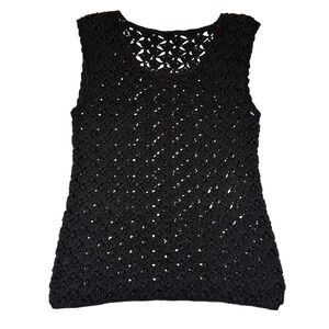 Handmade Vintage Crochet Tank Top Black Open Knit Shell Stitch Boho Goth Small